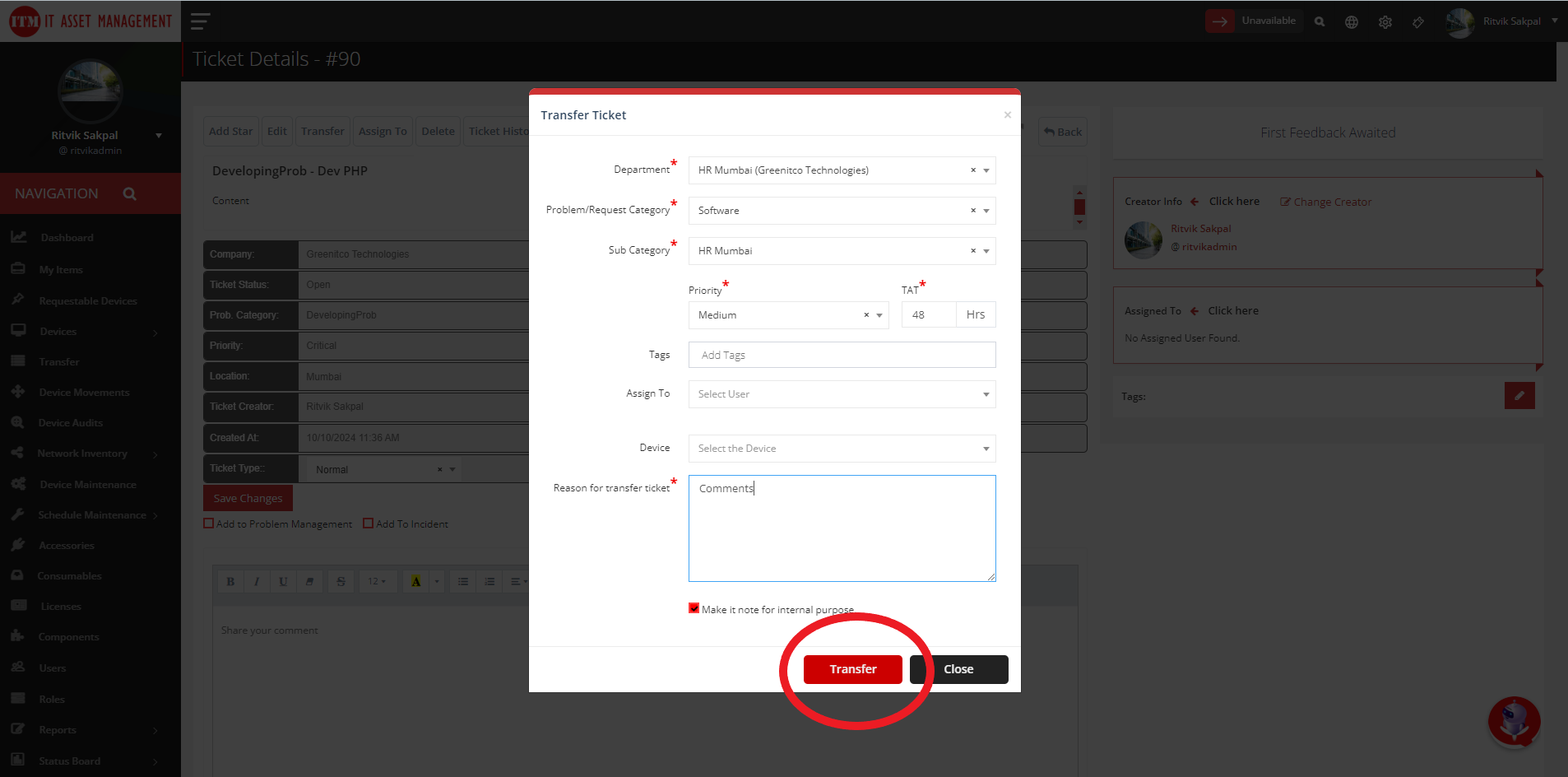How to Transfer a ticket? | ITM DOCS