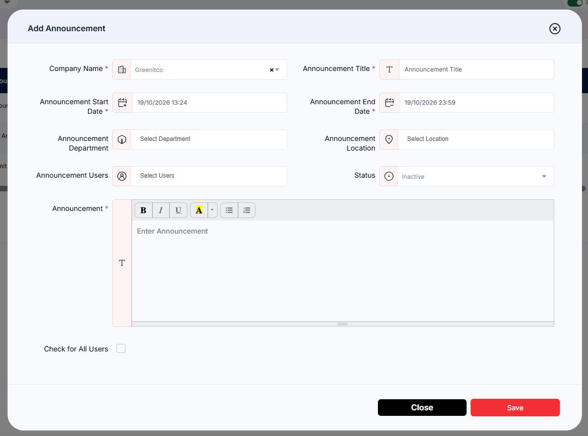 Add Announcement Modal