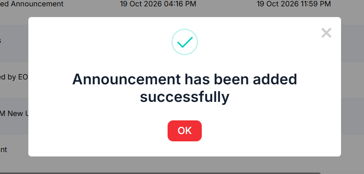 Announcement Added Sucess pop-up Modal