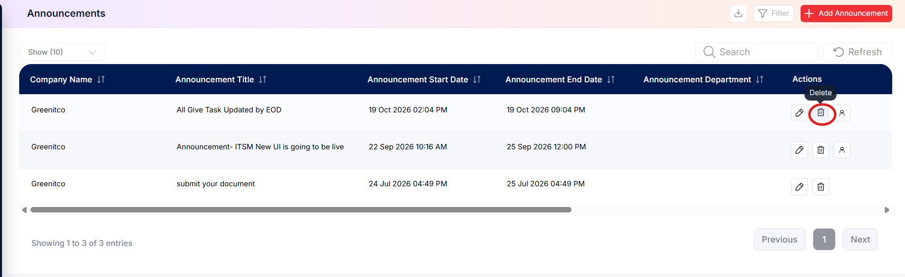 Announcement Delete Button Modal