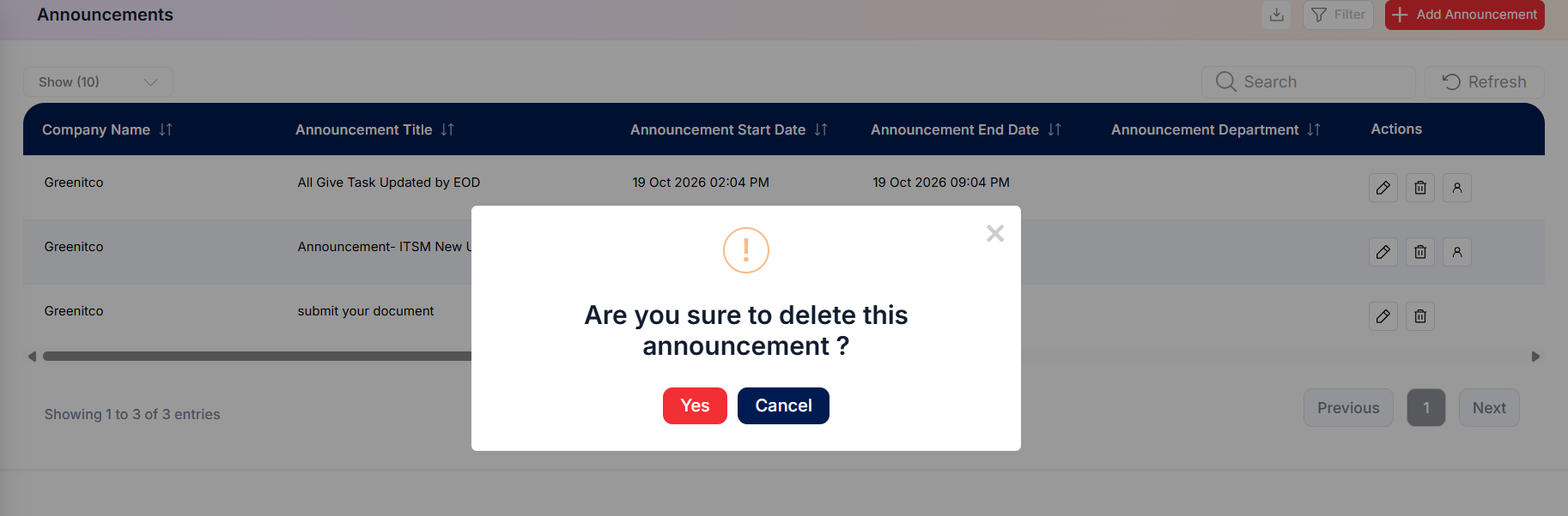 Announcement Delete Pop-up Modal