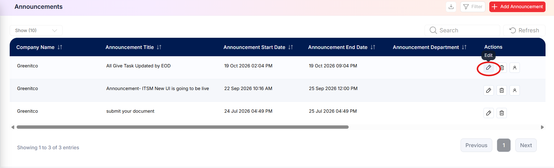 Announcement Edit Button Modal