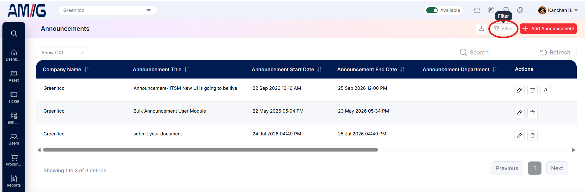 Announcement Filter Icon Modal