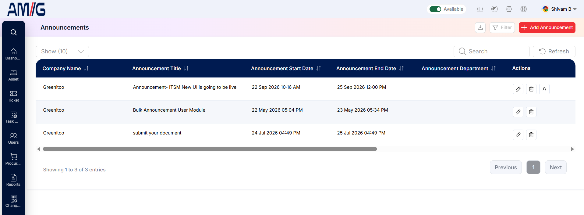 Announcements Main Screen