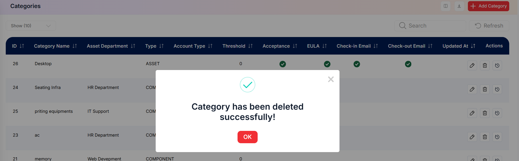 Category confirm the deletion