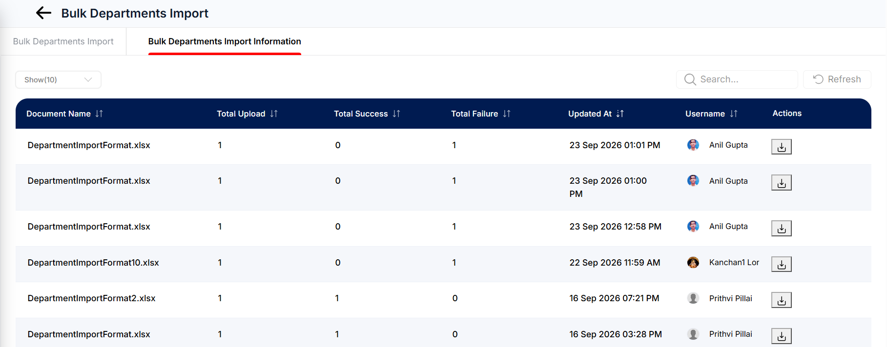 Department Bulk Import &ndash; History Tab
