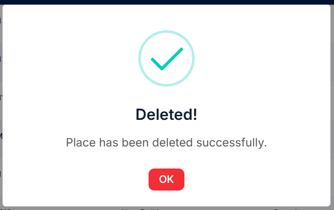 Internal Place Delete Successfull pop-up Model