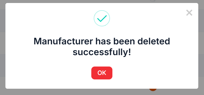 Manufacturer Delete Success pop-up