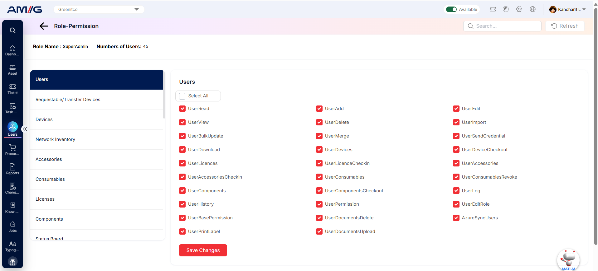 Module-wise permission tabs