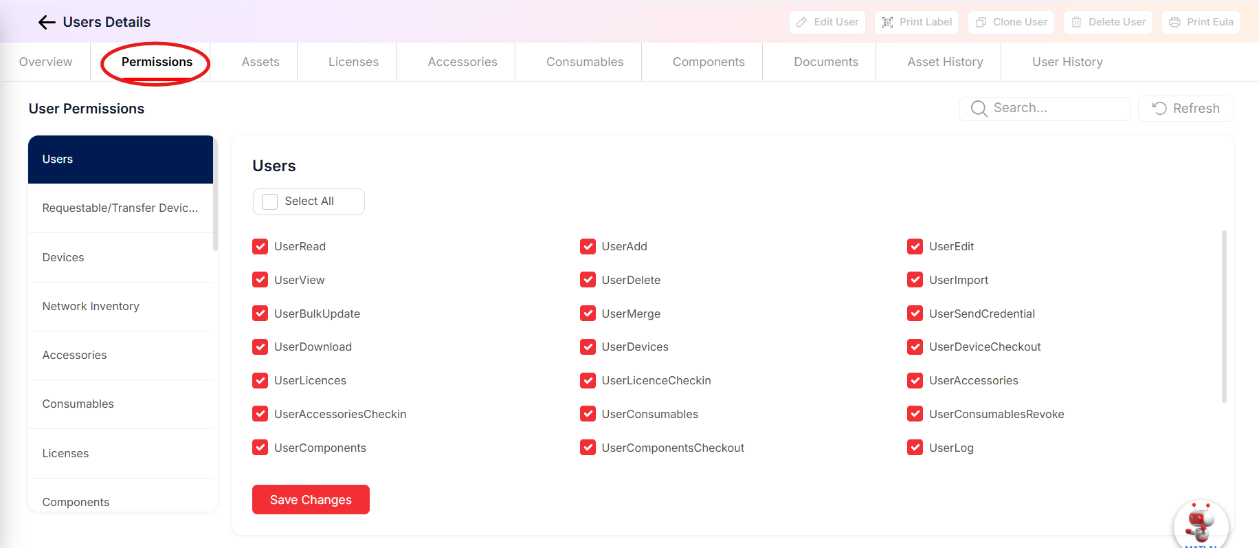 User detail page with the Permission tab