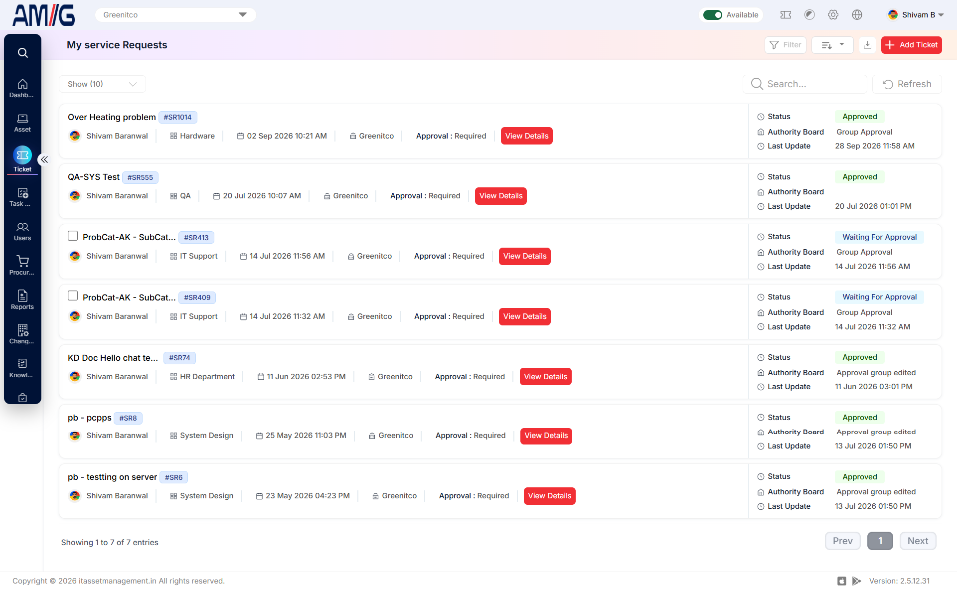 My Service Requests · Administrator · ITM Documentation