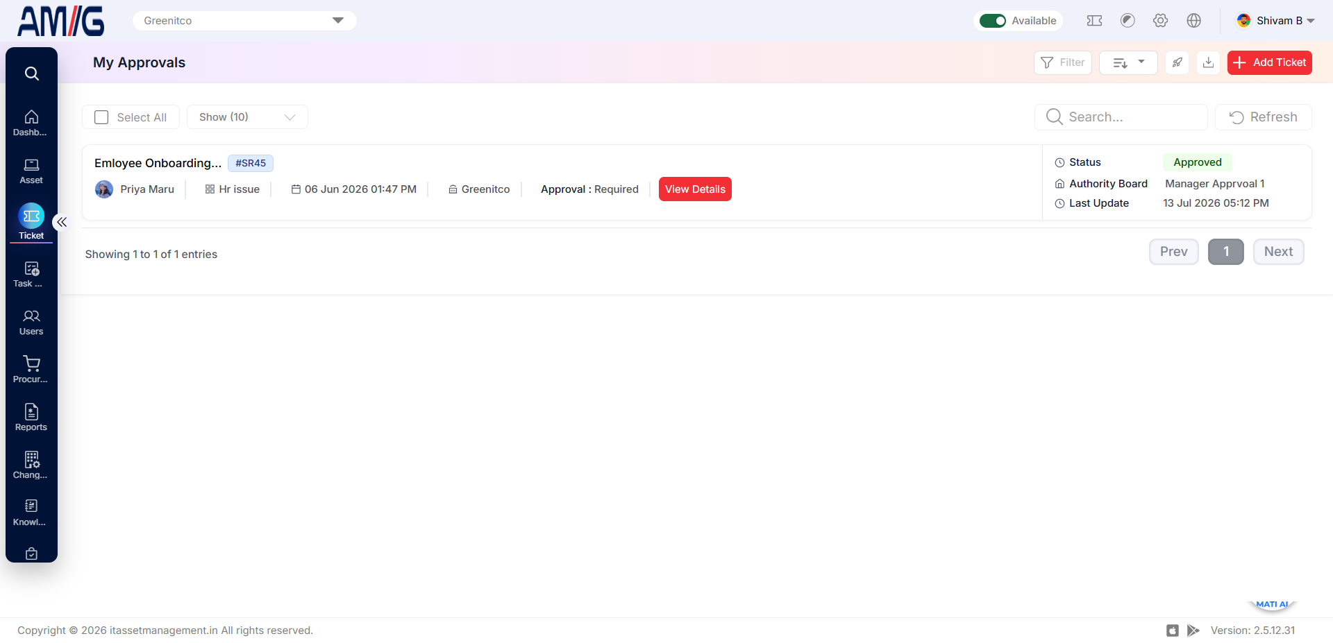My Approvals · Administrator · ITM Documentation
