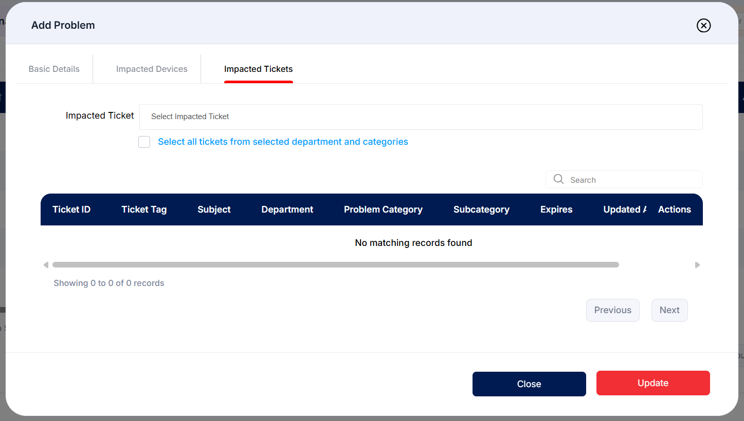 Add Problem &mdash; Impacted Tickets tab