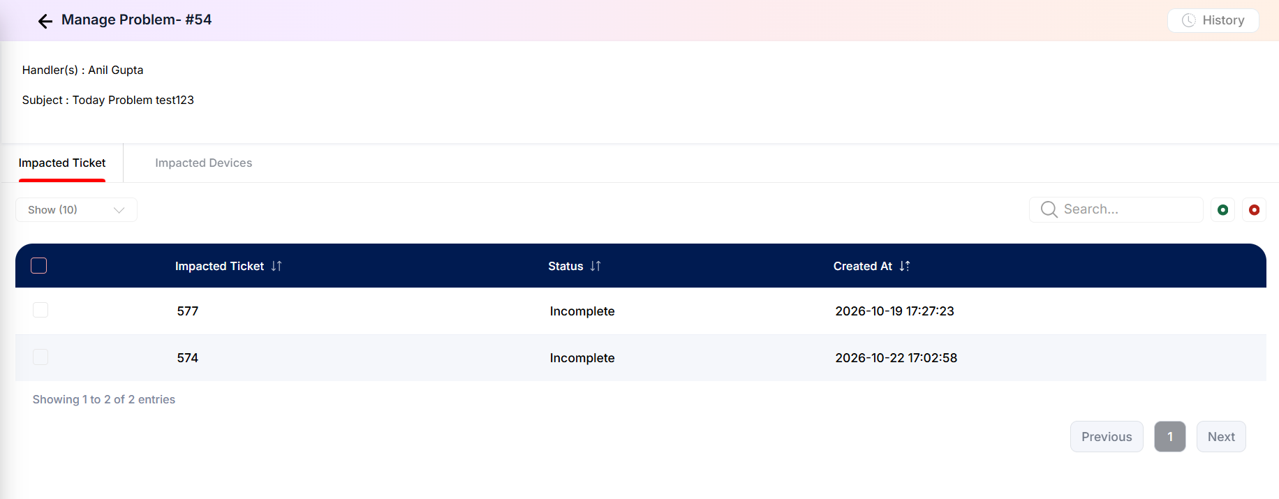 Manage Problem screen