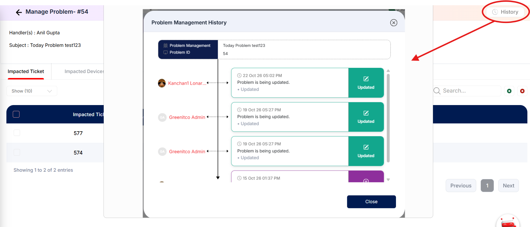 Manage Problem History