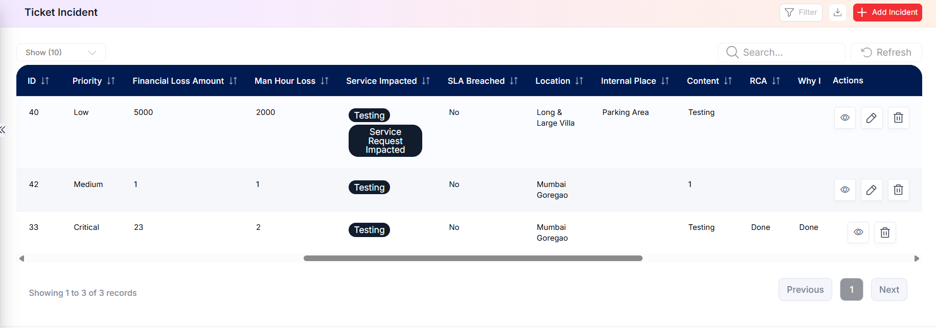 Ticket Incident list