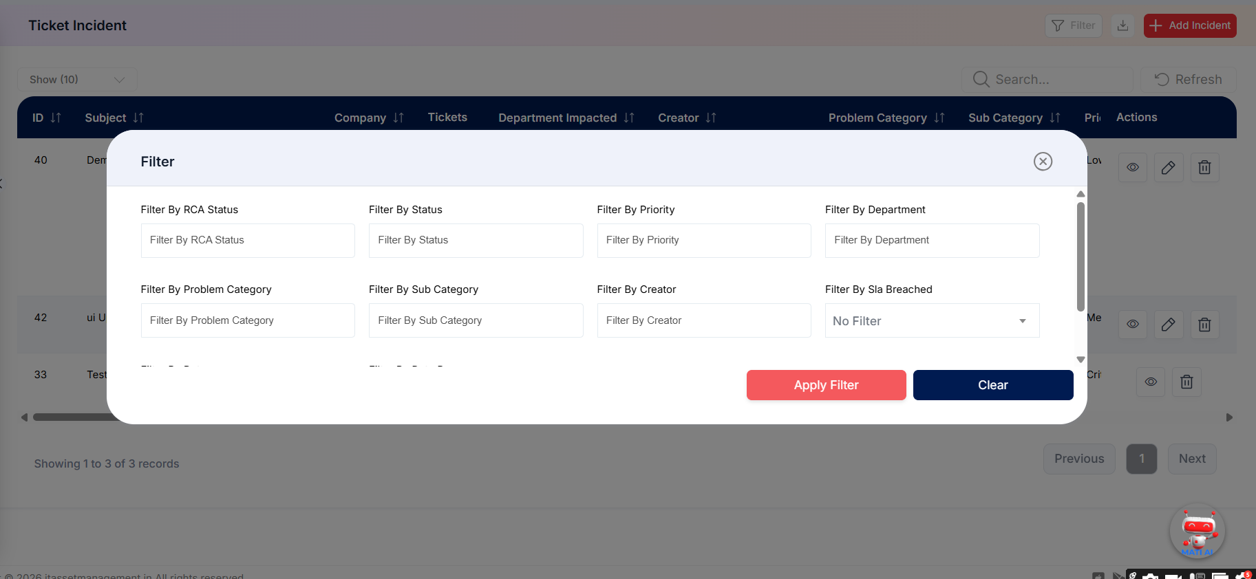 Ticket Incident filter options