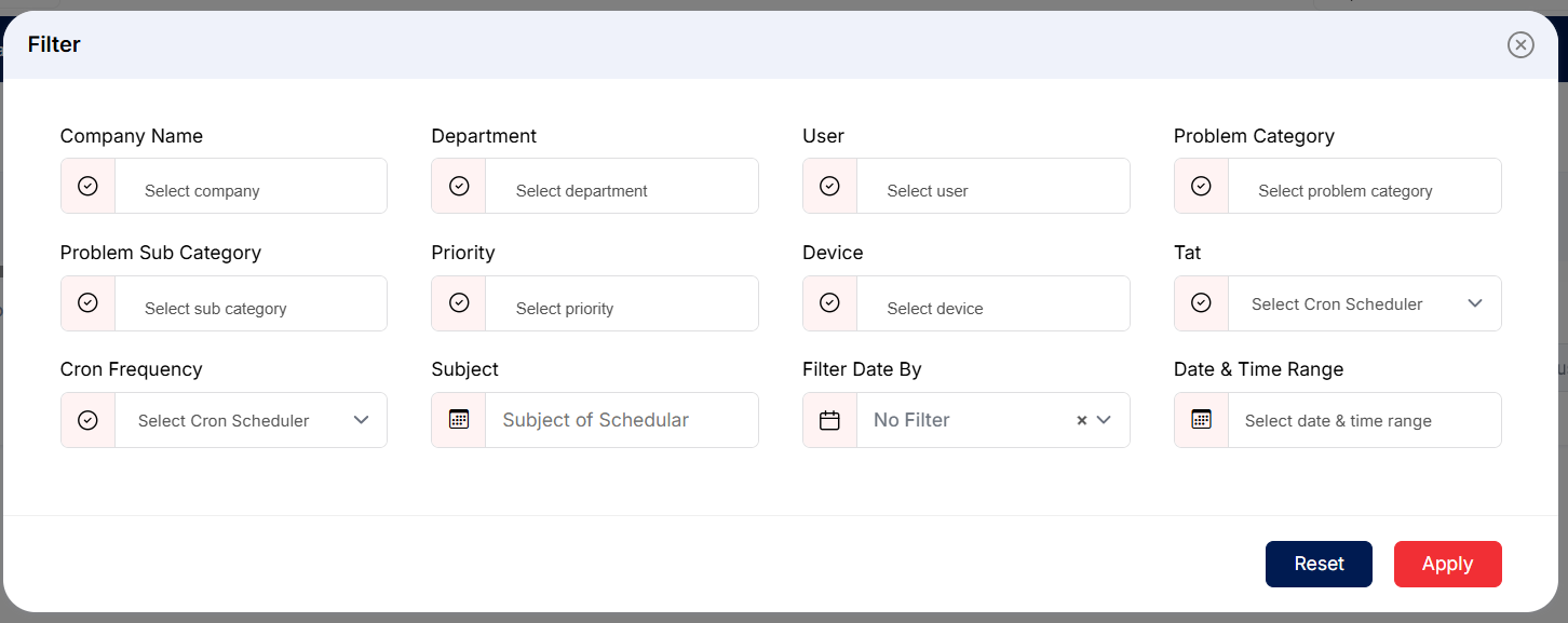 Ticket Scheduler filter dialog