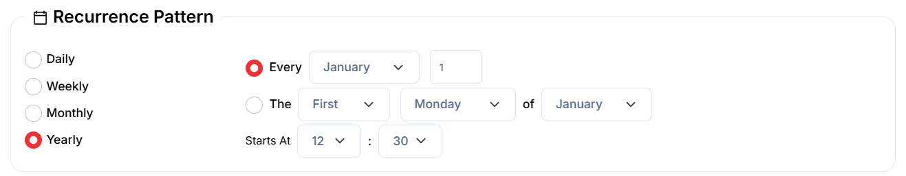 Yearly recurrence options